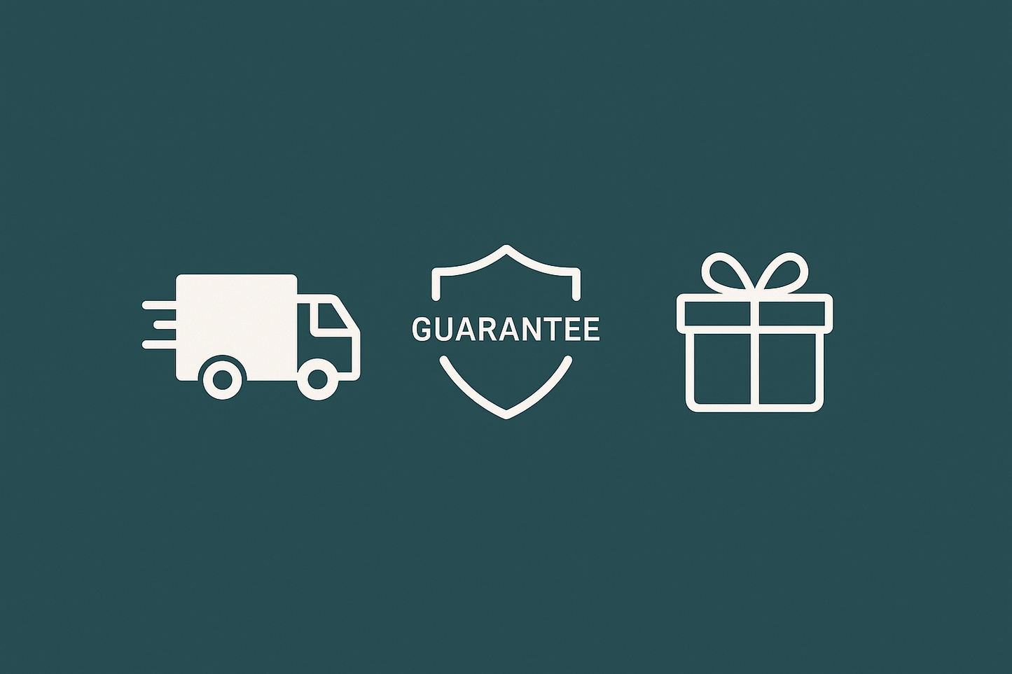 GENERAME UN BANNER EN FORMATO CUADRADO DEL MISMO TAMAÑO QUE TIENE LA GALERIA DE IMAGENES DE SHOPIFY O VERTICAL QUE CONTENGA UN ICONO DE UN CAMION, UN ESCUDO DE GARANTIA Y UN ICONO DE UN REGALO, CON FONDO VERDE AZULADO OSCURO Y CON LOS ICONOS EN BLANCO