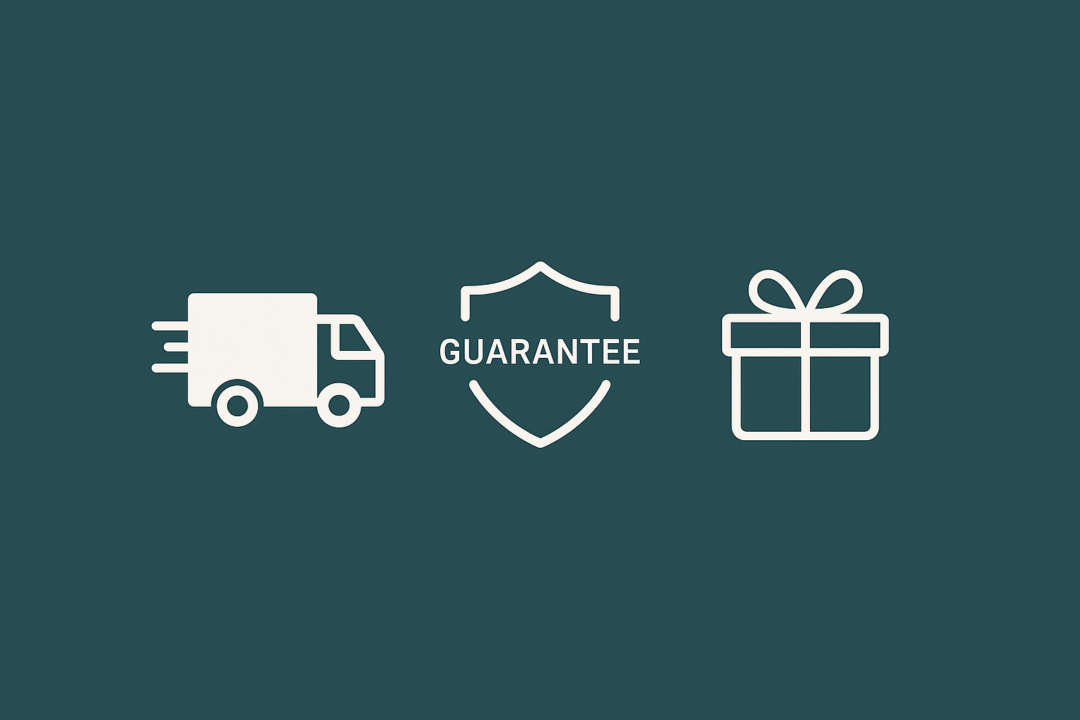 GENERAME UN BANNER EN FORMATO CUADRADO DEL MISMO TAMAÑO QUE TIENE LA GALERIA DE IMAGENES DE SHOPIFY O VERTICAL QUE CONTENGA UN ICONO DE UN CAMION, UN ESCUDO DE GARANTIA Y UN ICONO DE UN REGALO, CON FONDO VERDE AZULADO OSCURO Y CON LOS ICONOS EN BLANCO