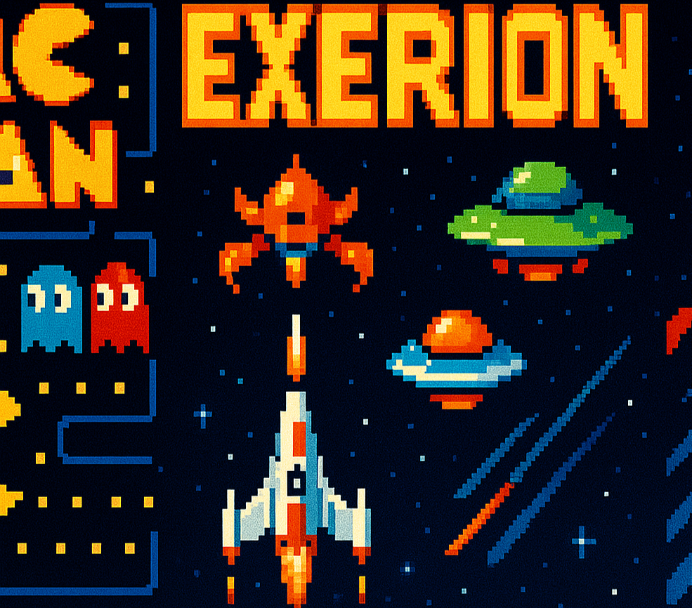 generame un banner que contenga el juego pacman, exerion, ufo race y lucky ball